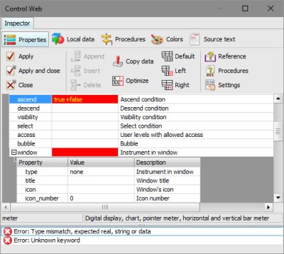 Instrument Inspector with the list of errors