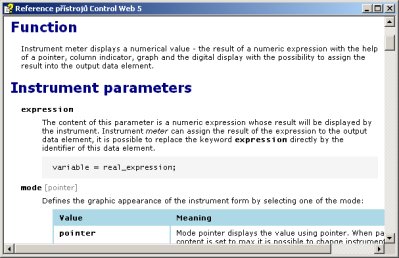 Reference description of the instrument in the independent window